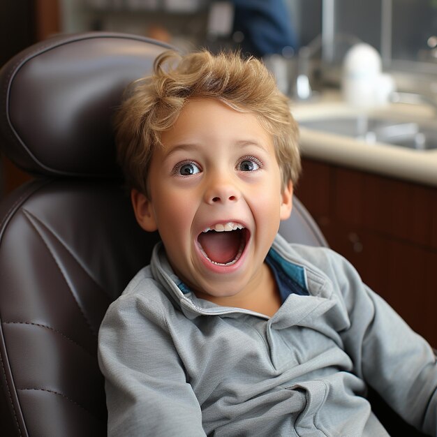 Little boy at the dentist office with mouth wide open