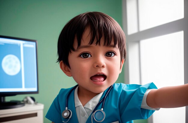 어린 소년 의사 병원에서 의료 의상을 입은 아이 Generative AI