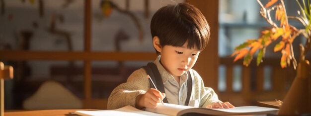 写真 小さな少年がテーブルに座って絵を描いています