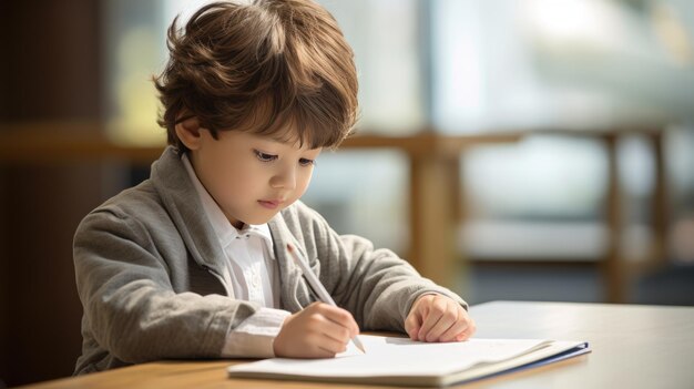 Маленький мальчик рисует, сидя за столом