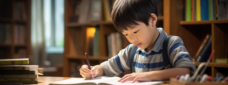 小さな少年がテーブルに座って絵を描いています