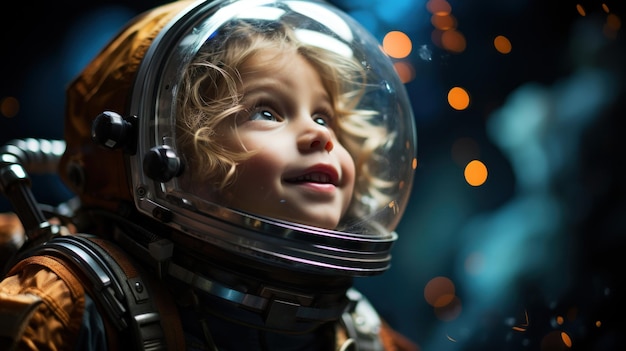 Little boy dressed as an astronaut exploring the stars