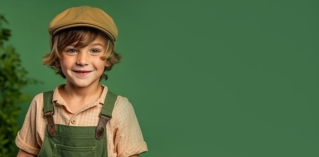 a little boy dressed as a gardener stand in front of green background