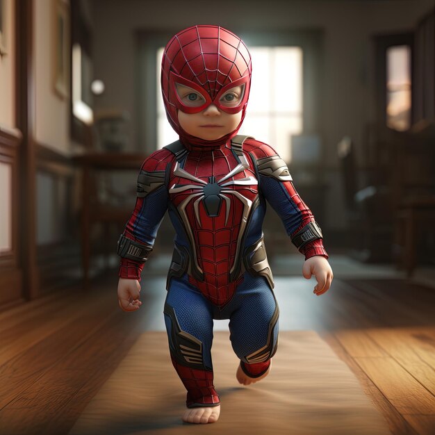 Photo a little boy dressed as spiderman is walking on a wooden floor