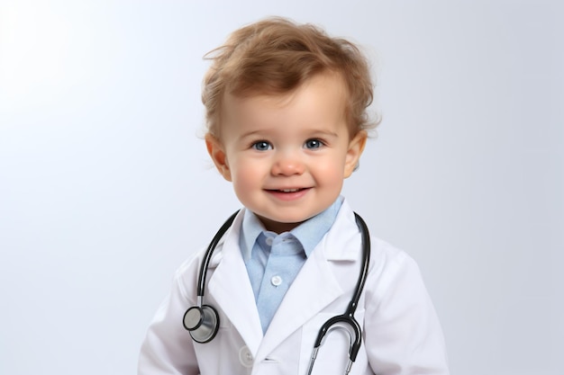 a little boy dressed in a doctor's coat and tie