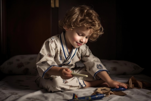 A little boy dressed in his pyjamas playing with his model plane