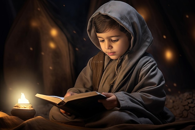 A little boy dressed in a monk outfit reading a book