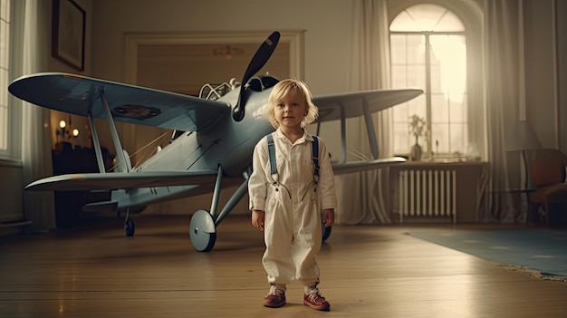 little boy dressed in vintage pilot outfit looking at big old airplane in a luxurious bedroom house