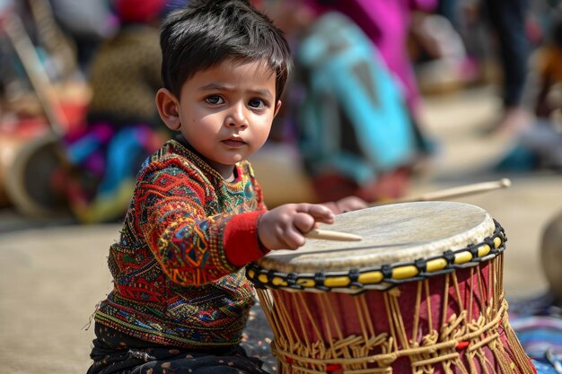 Photo little boy drums at surajkund international crafts mela