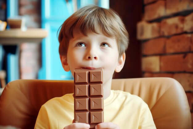 家でチョコレートを食べている小さな男の子 幸せな子供時代のコンセプト