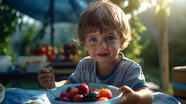 little boy eating fruit with gusto background morning