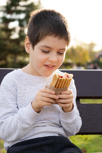 Little boy eating a hotdog while sitting on a bench in the park Street fast food