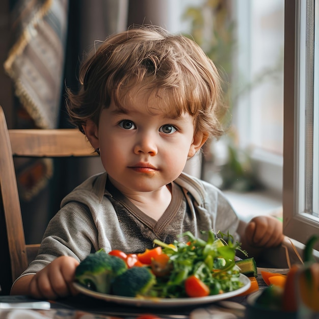 Фото Маленький мальчик ест овощи, созданное ии.