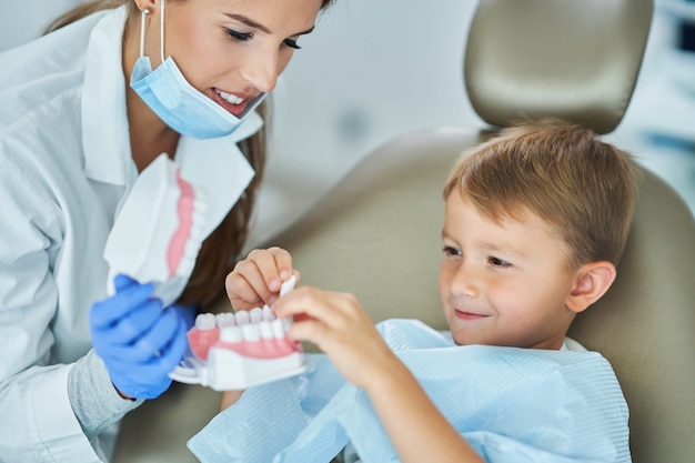 Little boy and female dentist in the dentists office