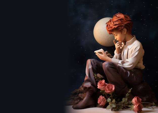 little boy figurine made of clay with red hair dressed as a prince the boy is sitting on the moon