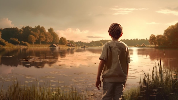 Маленький мальчик ловит рыбу в озере на закате.