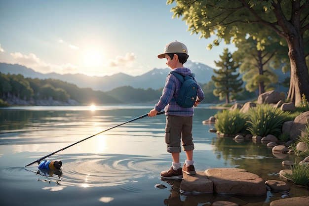 Little boy fishing on the lake