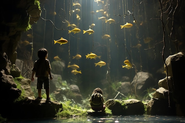 a little boy in the forest with a fish tank.