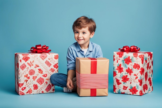 Little boy in front of blue background is among piles of gifts and looking at them