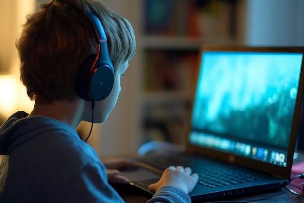 Little boy in front of a laptop playing video games