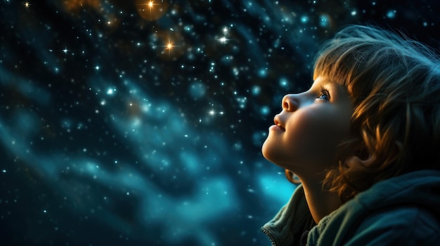 Little boy gazing through at the night sky