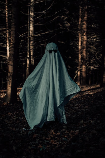 Little boy in a ghost costume among the pines in a dark forest