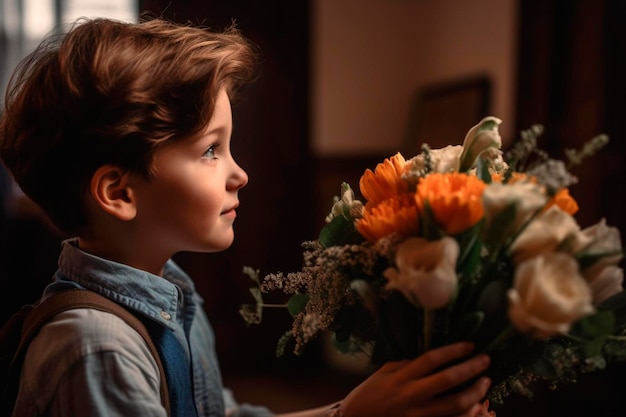 Foto ragazzino regala fiori a sua madre ia generativa