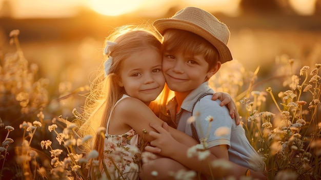 작은 소년과 소녀가 꽃에서 포옹하고 태양이 지고 하늘은 따뜻한 황금색입니다.