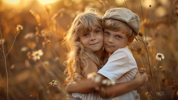 Foto un ragazzino e una ragazzina che si abbracciano in un campo di fiori il sole sta tramontando e il cielo è di un caldo colore dorato