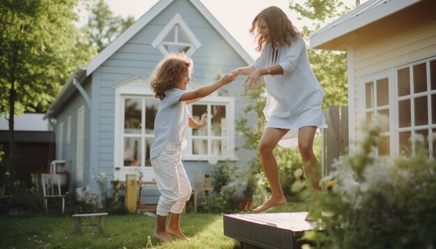 a little boy and girl playing outside in the grass