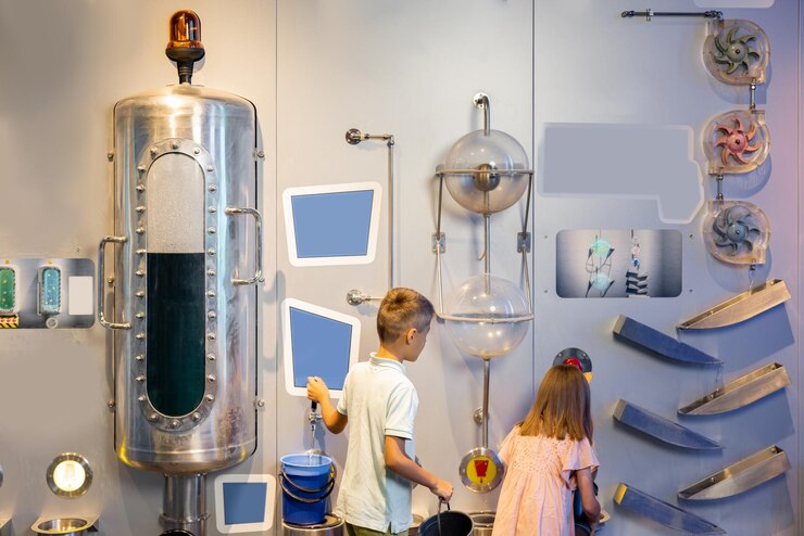 Little boy and girl visit a science museum