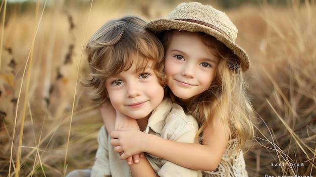 Photo little boy and girl with long blond hair wearing casual clothes are sitting in a field of tall dry grass the girl has a straw hat on