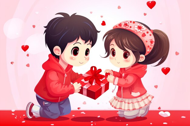 Little boy giving heart balloons to toddler girl on valentines day on white background