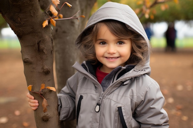 a little boy in a gray hooded jacket standing next to a tree