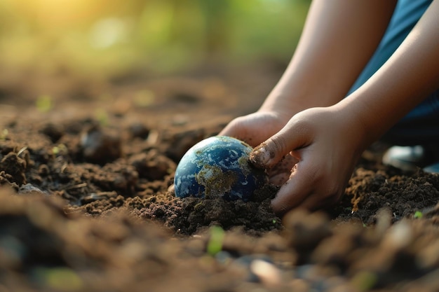 Foto mano di un ragazzino che tiene il globo terrestre nel suolo concetto della giornata della terra