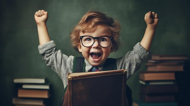 Photo little boy happy at the start of the school year sitting at his desk in front of a book against a blackboardcreated with generative ai technology