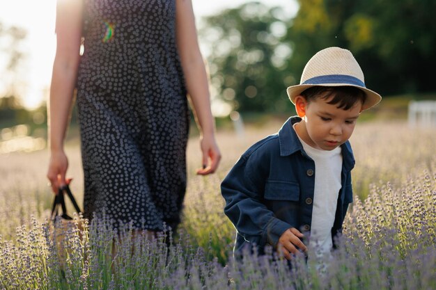 Little boy in a hat walks with his mother in a field with lavender