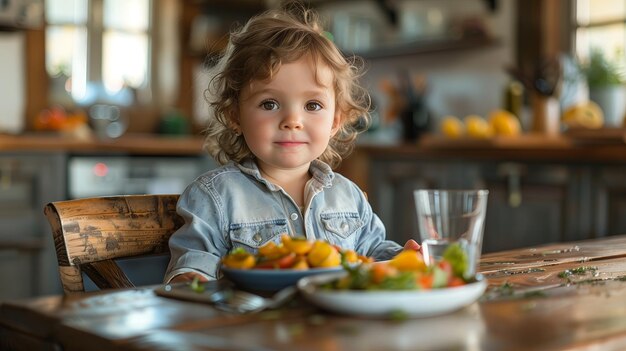 朝にキッチンで朝食を食べている小さな男の子