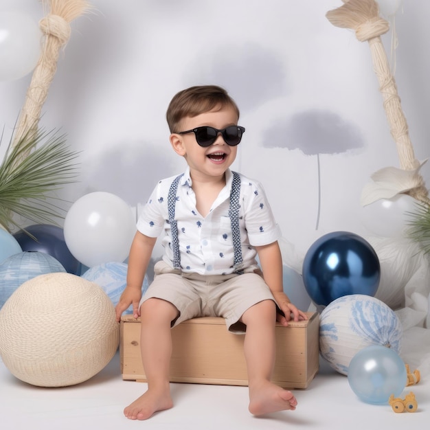 Little boy having fun in a summer setting studio