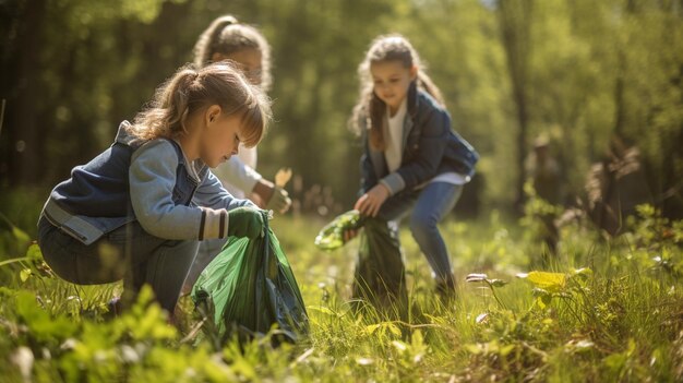 Фото Маленький мальчик помогает девочке собирать пластиковый мусор в парке