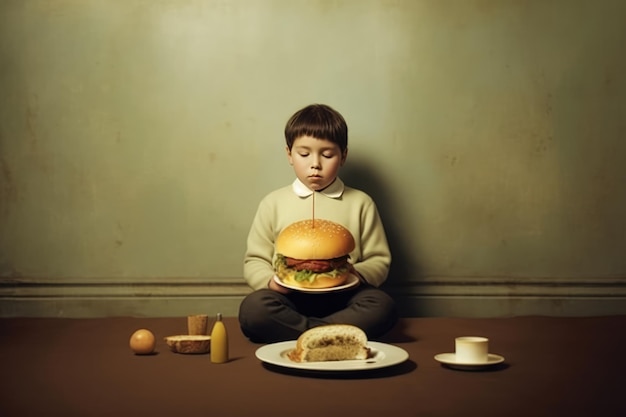 小さな男の子と大きなハンバーガー