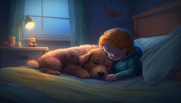 A little boy and his dog are sleeping on a bed.