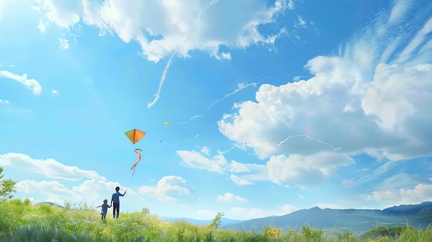 Маленький мальчик и его отец летают на воздушном змее на холме в солнечный день с красивым голубым небом и белыми облаками на заднем плане