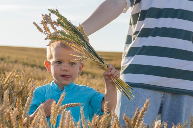 A little boy and his teenage brother are having fun walking in a field with ripe wheat