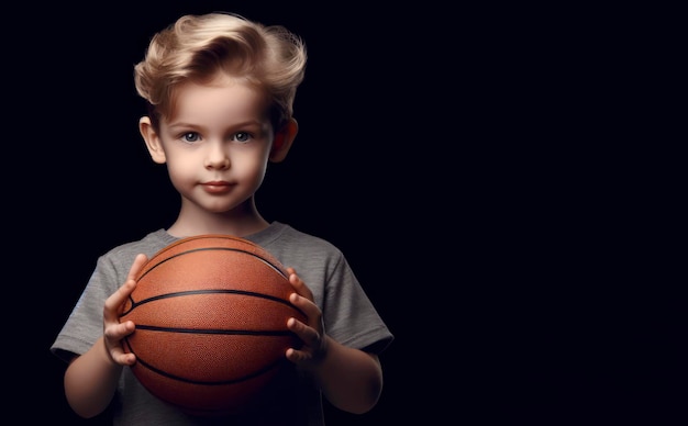 little boy holding basketball ball portrait on black background ai generative