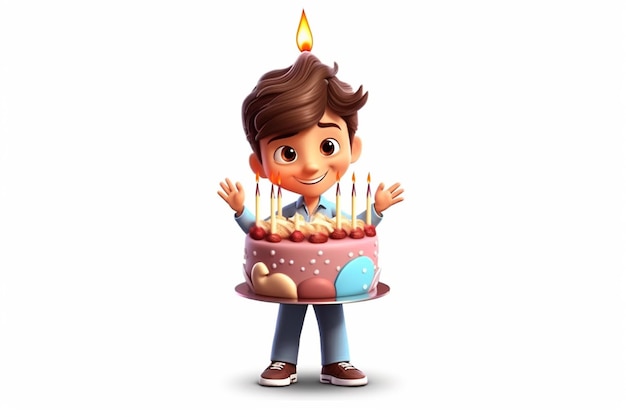 little boy holding a birthday cake with cartoon