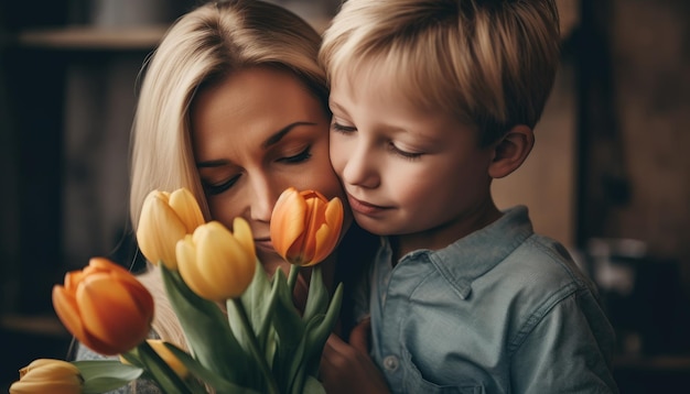 Little boy holding flowers hugging his mother and celebrating mother's day Generative AI