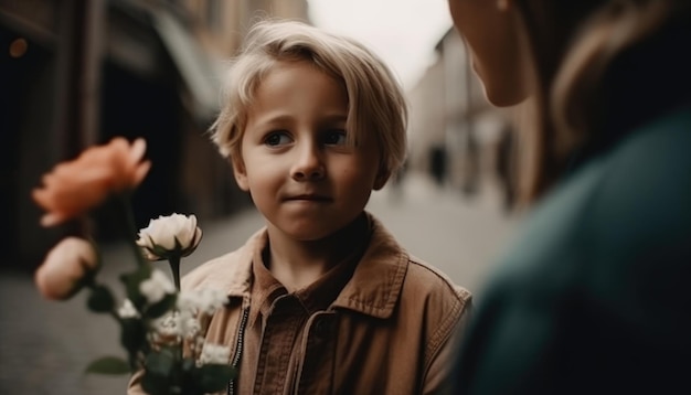 Little boy holding flowers hugging his mother and celebrating mother's day Generative AI