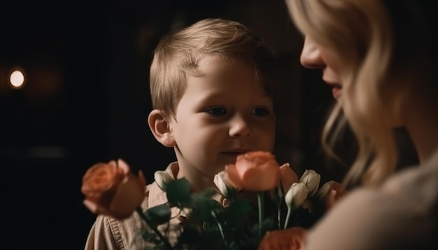 Little boy holding flowers hugging his mother and celebrating mother's day Generative AI