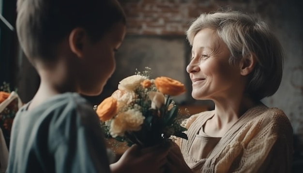 꽃을 들고 어머니를 안고 어머니의 날을 축하하는 어린 소년 Generative AI
